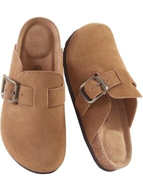 🆕 Women Camel Suede Clogs Mules Cork Footbed Slip On Buckle Strap Sandals
